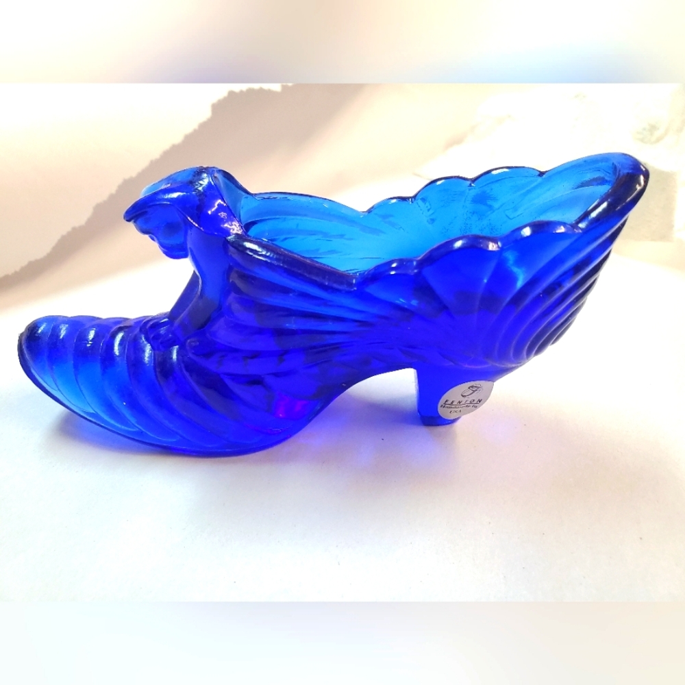 Fenton Art Glass Shoe/Slipper Cobalt Blue Cat Head Vintage